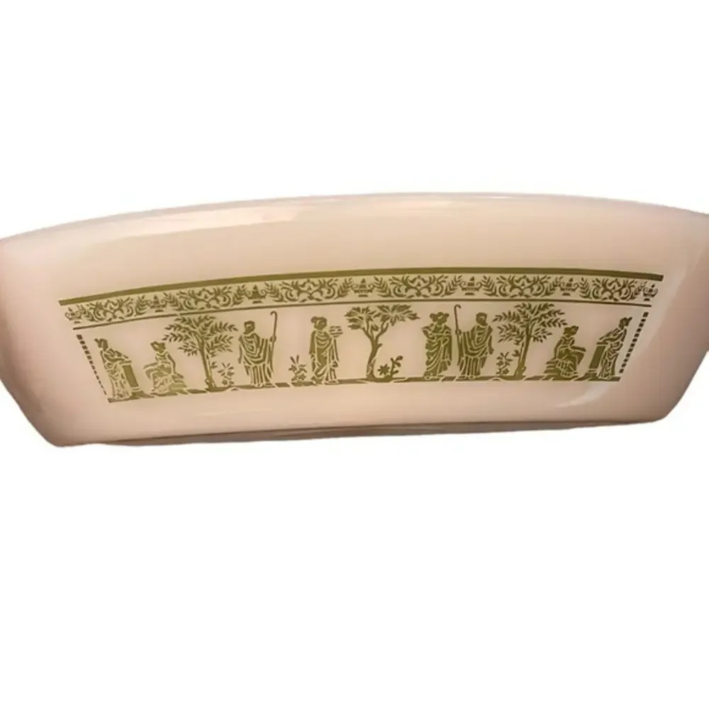 1960 Vintage Glasbake Divided Casserole Dish/Grecian/Roman Pattern on Milk Glass